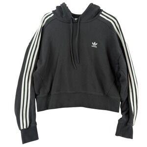 Adidas Originals Hoodie Womens Medium Black 3 Stripe Cropped Fleece Pullover